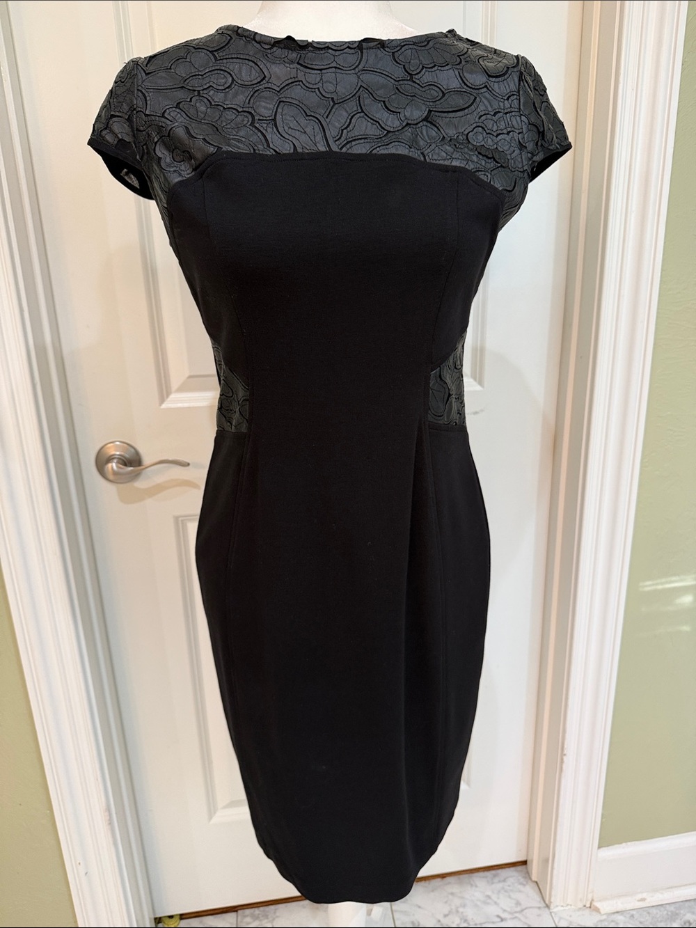 Cache Black Cap-Sleeve Sheath Dress with Leather Accents